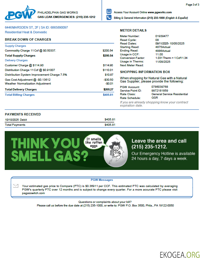 USA Philadelphia Gas Works utility bill template in Word and PDF formats, 3 pages. 3rd page